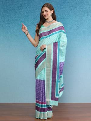 Blocky Stripes Soft Silk Zari Border Printed Saree With Blouse Piece 1