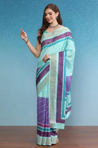 Blocky Stripes Soft Silk Zari Border Printed Saree With Blouse Piece