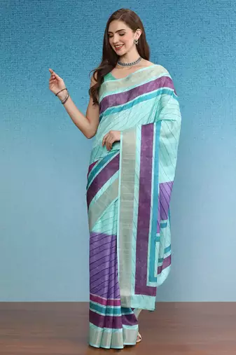Blocky Stripes Soft Silk Zari Border Printed Saree With Blouse Piece