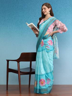 Vibrant Hues Digital Printed Zari Border Silk Blend Saree With Blouse Piece 4