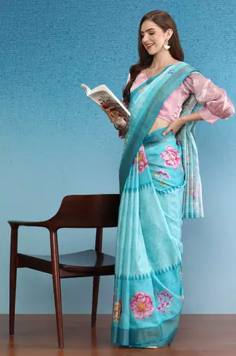 Vibrant Hues Digital Printed Zari Border Silk Blend Saree With Blouse Piece