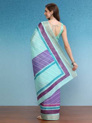 Blocky Stripes Soft Silk Zari Border Printed Saree With Blouse Piece 2