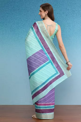 Blocky Stripes Soft Silk Zari Border Printed Saree With Blouse Piece