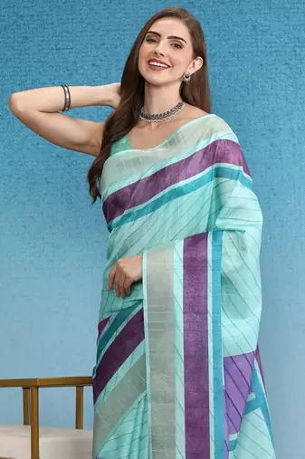 Blocky Stripes Soft Silk Zari Border Printed Saree With Blouse Piece
