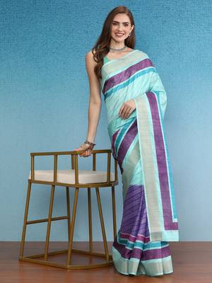 Blocky Stripes Soft Silk Zari Border Printed Saree With Blouse Piece 4