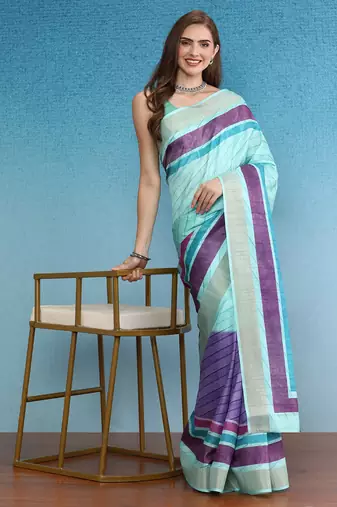 Blocky Stripes Soft Silk Zari Border Printed Saree With Blouse Piece