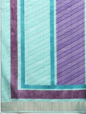 Blocky Stripes Soft Silk Zari Border Printed Saree With Blouse Piece 5