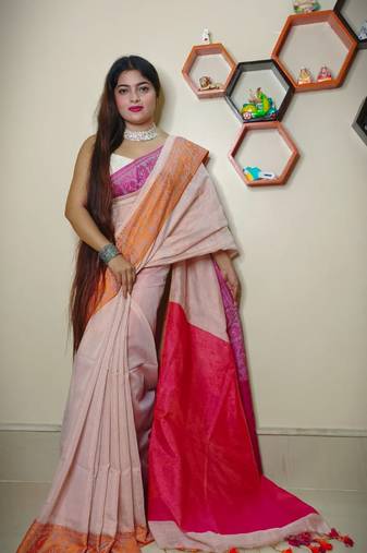 Fabulous Cream Tissue Khadi Cotton Saree With Blouse Piece