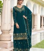 Teal georgette embroidery designer sharara suit