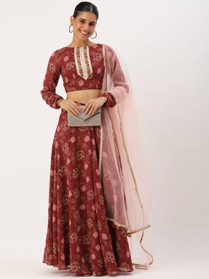 Ethnovog Ready To Wear Wine Georgette Digital Printed Lehenga Set 1