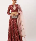 Ethnovog Ready To Wear Wine Georgette Digital Printed Lehenga Set