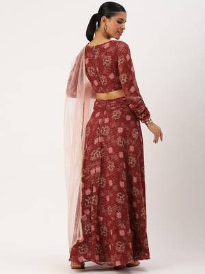 Ethnovog Ready To Wear Wine Georgette Digital Printed Lehenga Set 2
