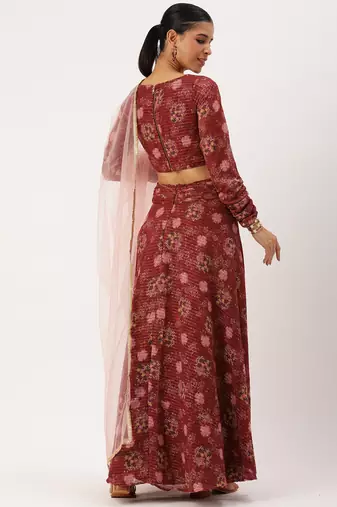 Ethnovog Ready To Wear Wine Georgette Digital Printed Lehenga Set