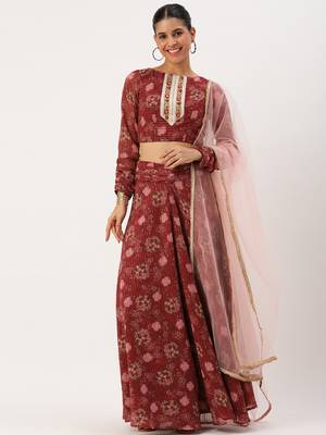Ethnovog Ready To Wear Wine Georgette Digital Printed Lehenga Set 3