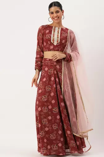 Ethnovog Ready To Wear Wine Georgette Digital Printed Lehenga Set