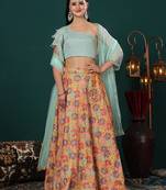 Ethnovog Ready To Wear Green N Multicolored Embroidered Chinon Lehenga Set