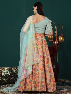 Ethnovog Ready To Wear Green N Multicolored Embroidered Chinon Lehenga Set 2