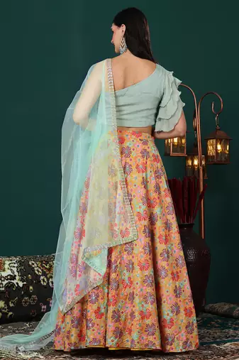 Ethnovog Ready To Wear Green N Multicolored Embroidered Chinon Lehenga Set