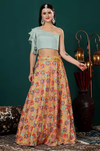 Ethnovog Ready To Wear Green N Multicolored Embroidered Chinon Lehenga Set