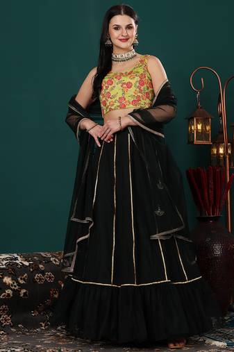 Ethnovog Ready To Wear Green Art Silk N Net Lehenga Set