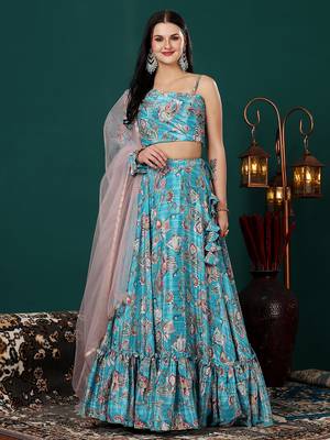 Ethnovog Ready To Wear Turquoise Digital Printed Chinon Lehenga Set 1