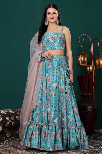 Ethnovog Ready To Wear Turquoise Digital Printed Chinon Lehenga Set