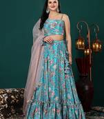 Ethnovog Ready To Wear Turquoise Digital Printed Chinon Lehenga Set