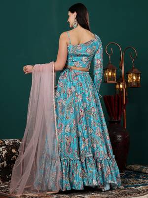 Ethnovog Ready To Wear Turquoise Digital Printed Chinon Lehenga Set 2