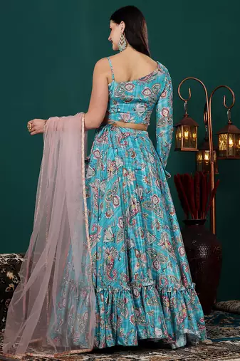 Ethnovog Ready To Wear Turquoise Digital Printed Chinon Lehenga Set