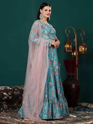 Ethnovog Ready To Wear Turquoise Digital Printed Chinon Lehenga Set 3