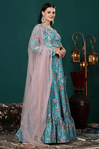 Ethnovog Ready To Wear Turquoise Digital Printed Chinon Lehenga Set
