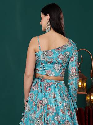 Ethnovog Ready To Wear Turquoise Digital Printed Chinon Lehenga Set 4
