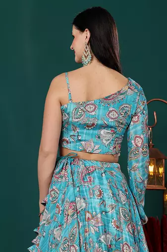 Ethnovog Ready To Wear Turquoise Digital Printed Chinon Lehenga Set