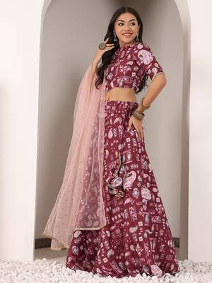 Ethnovog Ready To Wear Maroon Kota Silk Digital Printed Boat Neck Lehenga Set 1