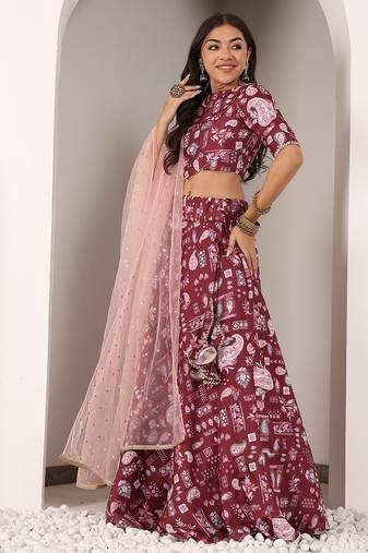 Ethnovog Ready To Wear Maroon Kota Silk Digital Printed Boat Neck Lehenga Set