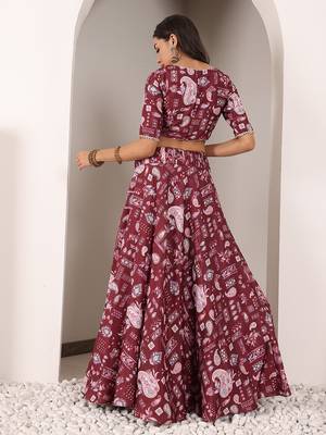 Ethnovog Ready To Wear Maroon Kota Silk Digital Printed Boat Neck Lehenga Set 2