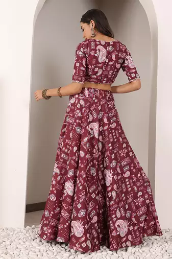 Ethnovog Ready To Wear Maroon Kota Silk Digital Printed Boat Neck Lehenga Set