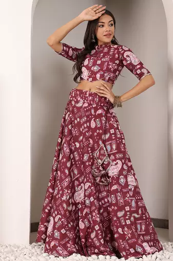 Ethnovog Ready To Wear Maroon Kota Silk Digital Printed Boat Neck Lehenga Set