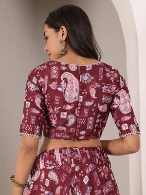 Ethnovog Ready To Wear Maroon Kota Silk Digital Printed Boat Neck Lehenga Set 4