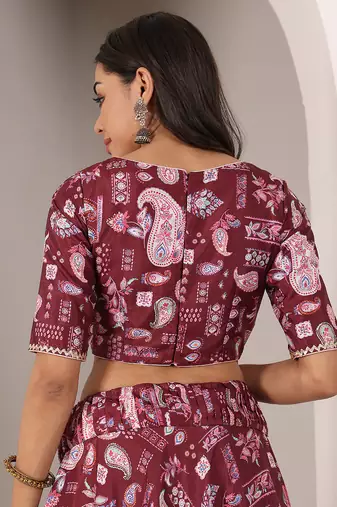 Ethnovog Ready To Wear Maroon Kota Silk Digital Printed Boat Neck Lehenga Set