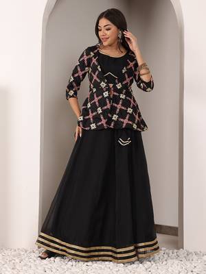 Ethnovog Ready To Wear Black Chinon Embroidered Jacket Style Lehenga Set 1