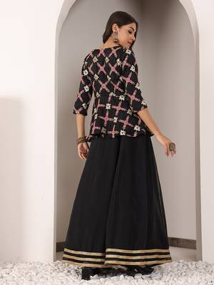 Ethnovog Ready To Wear Black Chinon Embroidered Jacket Style Lehenga Set 2
