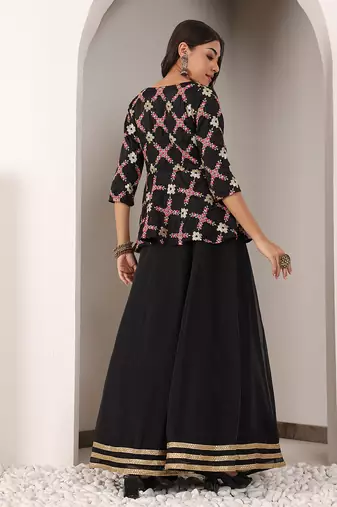 Ethnovog Ready To Wear Black Chinon Embroidered Jacket Style Lehenga Set
