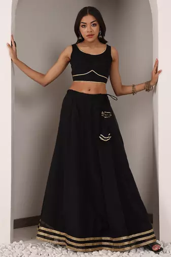 Ethnovog Ready To Wear Black Chinon Embroidered Jacket Style Lehenga Set