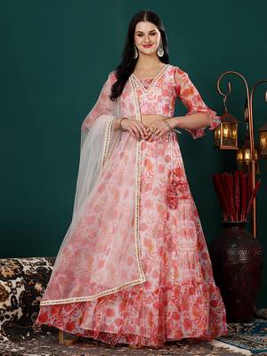 Ethnovog Ready To Wear Multicolor Digital Printed Organza Umbrella Lehenga Set 1
