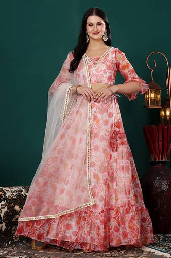 Ethnovog Ready To Wear Multicolor Digital Printed Organza Umbrella Lehenga Set