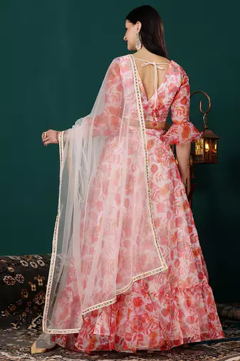 Ethnovog Ready To Wear Multicolor Digital Printed Organza Umbrella Lehenga Set