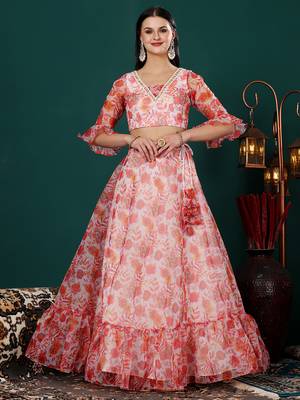Ethnovog Ready To Wear Multicolor Digital Printed Organza Umbrella Lehenga Set 3