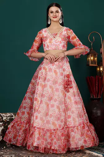 Ethnovog Ready To Wear Multicolor Digital Printed Organza Umbrella Lehenga Set