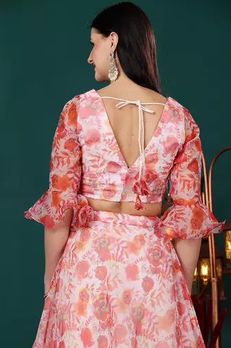 Ethnovog Ready To Wear Multicolor Digital Printed Organza Umbrella Lehenga Set